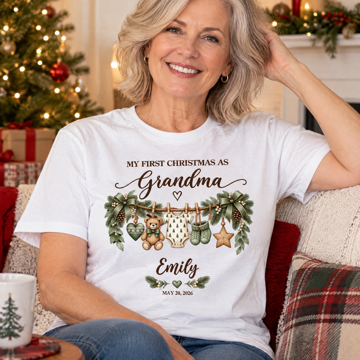 Custom Grandbaby Name T-Shirt, New Grandparents Christmas Gift, Personalized First Christmas as Grandma Grandpa Shirt
