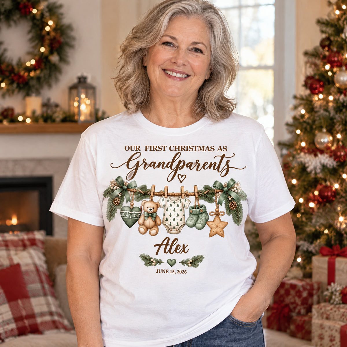 Custom Grandbaby Name T-Shirt, New Grandparents Christmas Gift, Personalized First Christmas as Grandma Grandpa Shirt