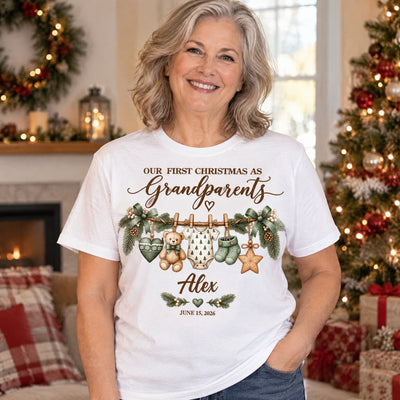 Custom Grandbaby Name T-Shirt, New Grandparents Christmas Gift, Personalized First Christmas as Grandma Grandpa Shirt