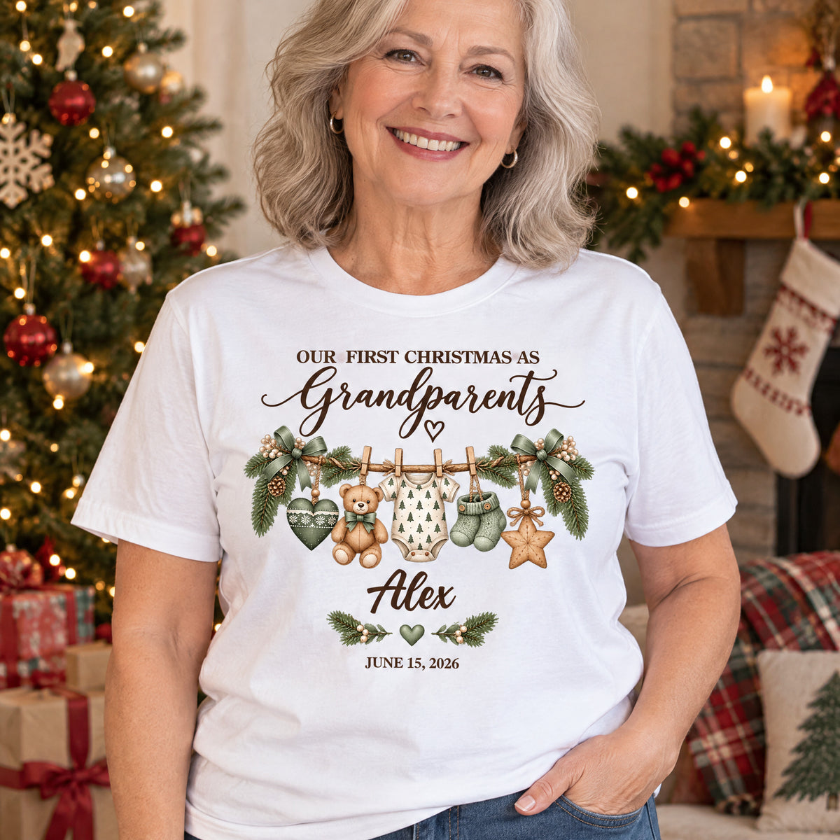 Custom Grandbaby Name T-Shirt, New Grandparents Christmas Gift, Personalized First Christmas as Grandma Grandpa Shirt