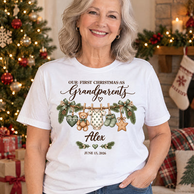 Custom Grandbaby Name T-Shirt, New Grandparents Christmas Gift, Personalized First Christmas as Grandma Grandpa Shirt