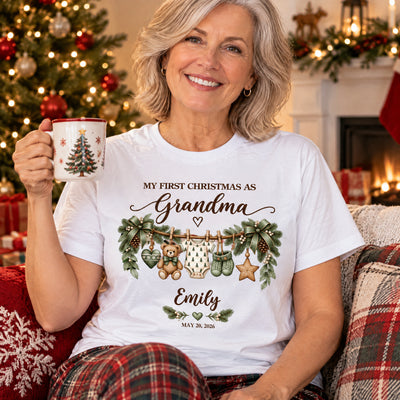 Custom Grandbaby Name T-Shirt, New Grandparents Christmas Gift, Personalized First Christmas as Grandma Grandpa Shirt