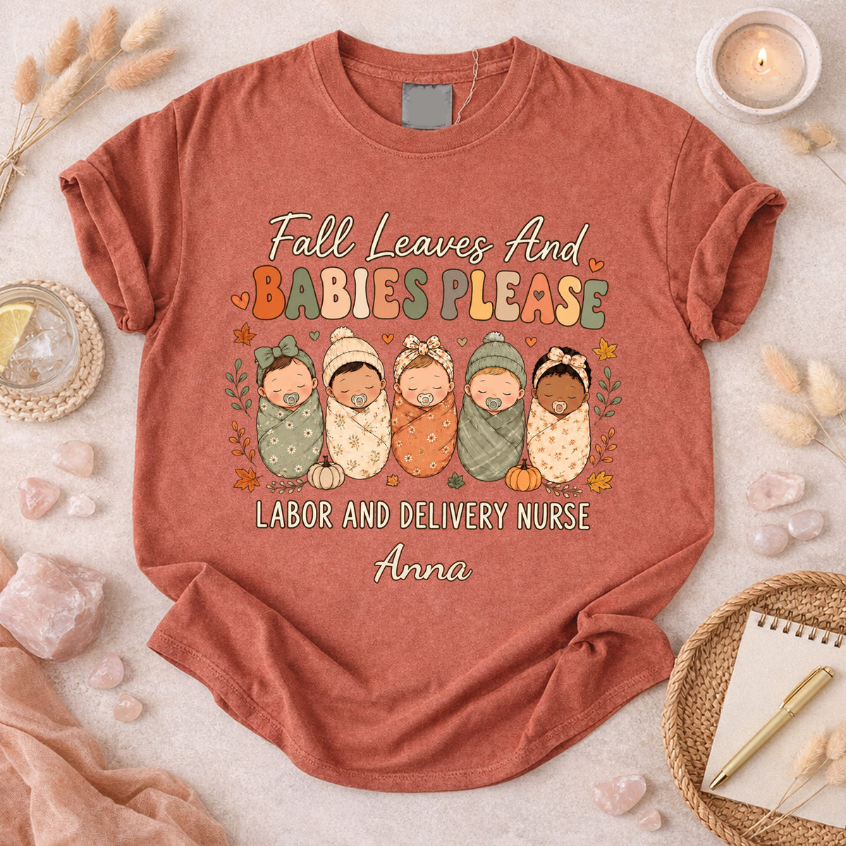 Fall Leaves And Babies Please-Personalized Comfort Colors Shirt, Labor And Delivery Nurse Shirt, LD Nurse Fall T-Shirt