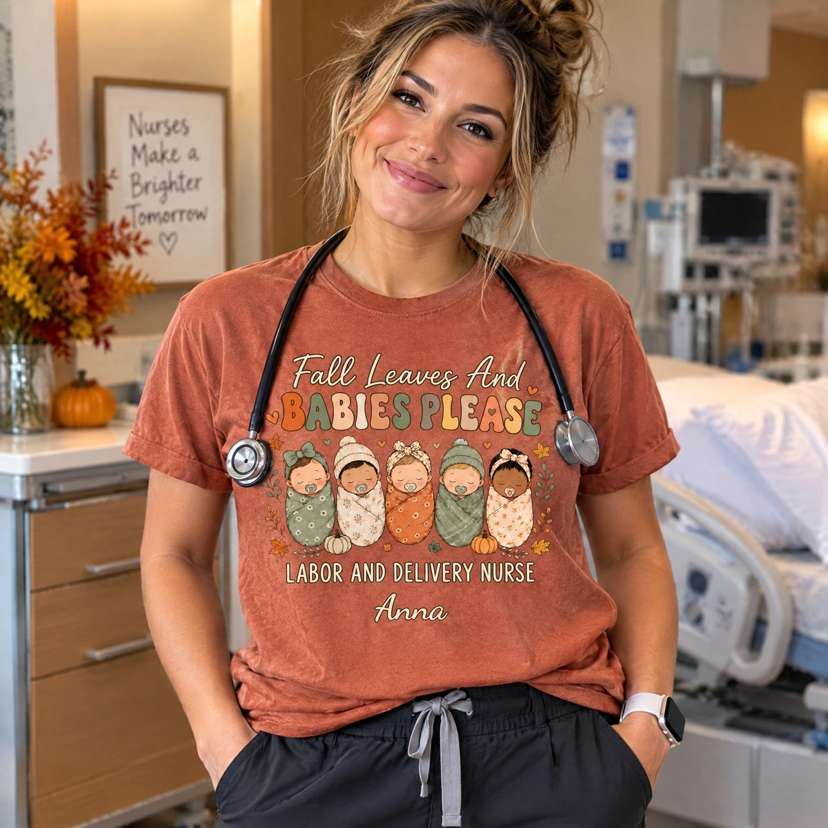 Fall Leaves And Babies Please-Personalized Comfort Colors Shirt, Labor And Delivery Nurse Shirt, LD Nurse Fall T-Shirt