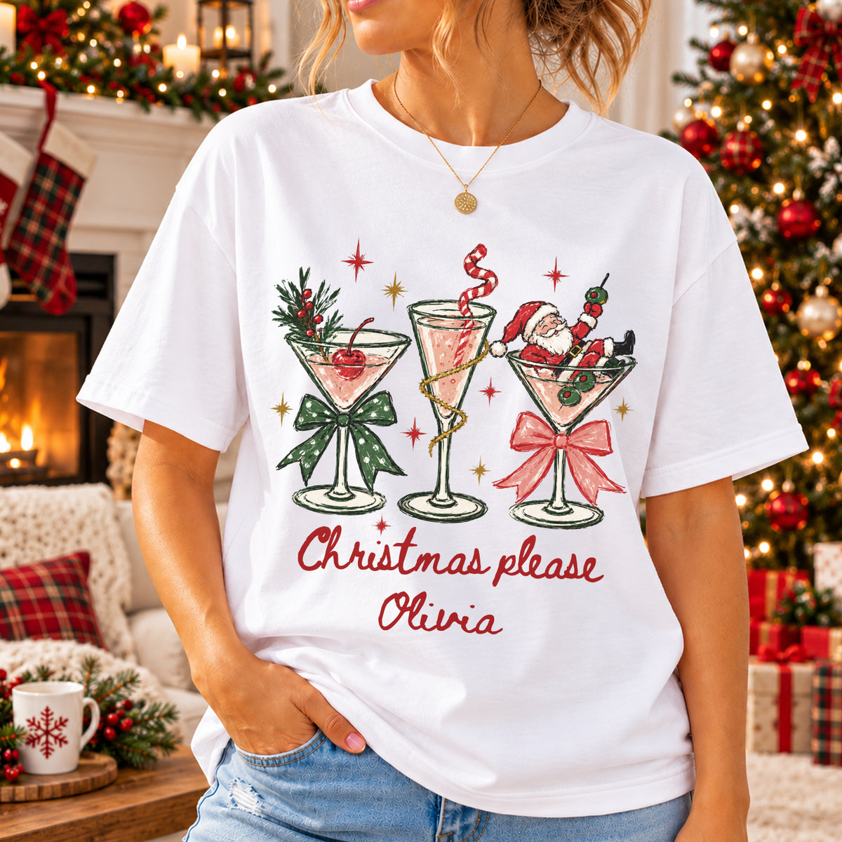 Christmas Please- Personalized Colors Shirt, Christmas Cocktail Tee, Santa Martini Coquette Holiday