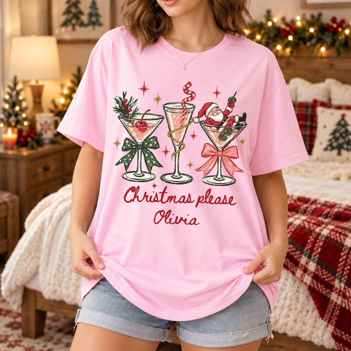 Christmas Please- Personalized Colors Shirt, Christmas Cocktail Tee, Santa Martini Coquette Holiday