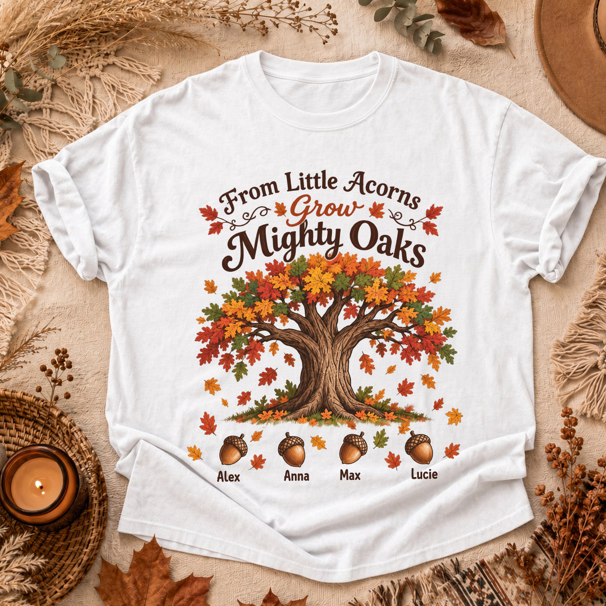 Personalized From Little Acorns Grow Mighty Oaks Shirt, Custom Kids Names Acorn Shirt, Fall Family Gift, Autumn Mom Grandma Crewneck