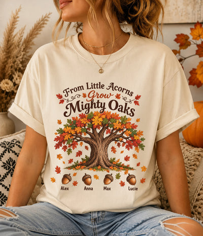 Personalized From Little Acorns Grow Mighty Oaks Shirt, Custom Kids Names Acorn Shirt, Fall Family Gift, Autumn Mom Grandma Crewneck