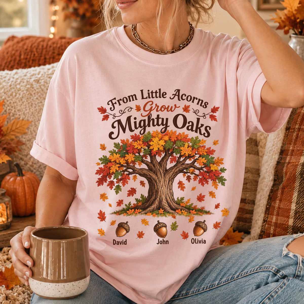 Personalized From Little Acorns Grow Mighty Oaks Shirt, Custom Kids Names Acorn Shirt, Fall Family Gift, Autumn Mom Grandma Crewneck