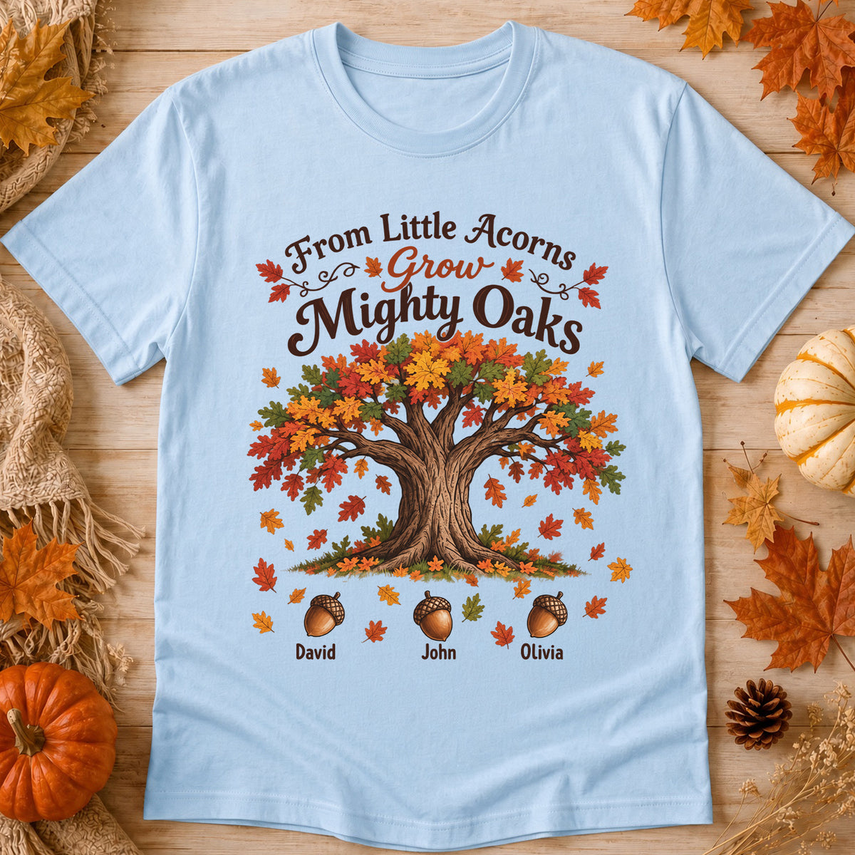 Personalized From Little Acorns Grow Mighty Oaks Shirt, Custom Kids Names Acorn Shirt, Fall Family Gift, Autumn Mom Grandma Crewneck
