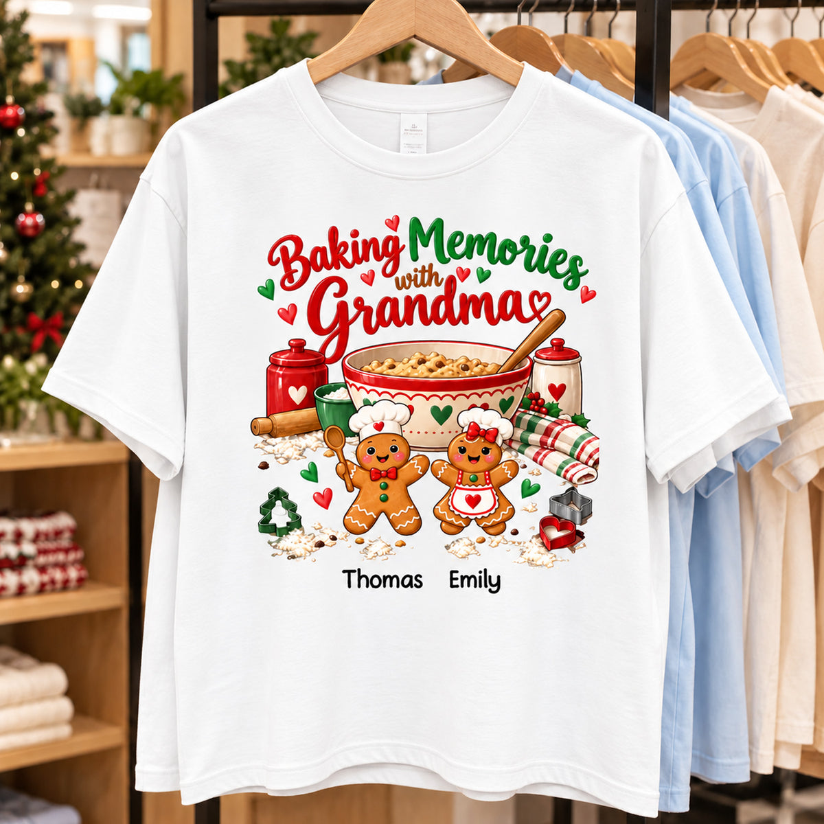 Custom Grandkids Names Gingerbread Christmas Crewneck, Personalized Baking Memories with Grandma Shirt