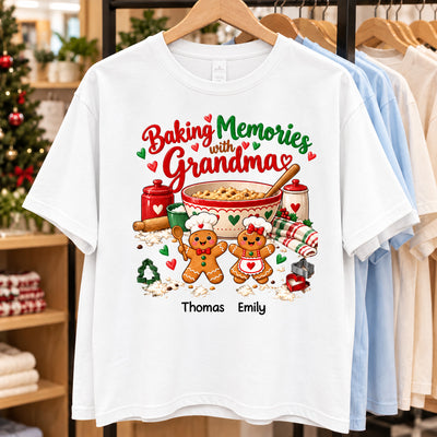 Custom Grandkids Names Gingerbread Christmas Crewneck, Personalized Baking Memories with Grandma Shirt