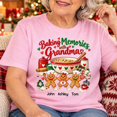 Custom Grandkids Names Gingerbread Christmas Crewneck, Personalized Baking Memories with Grandma Shirt
