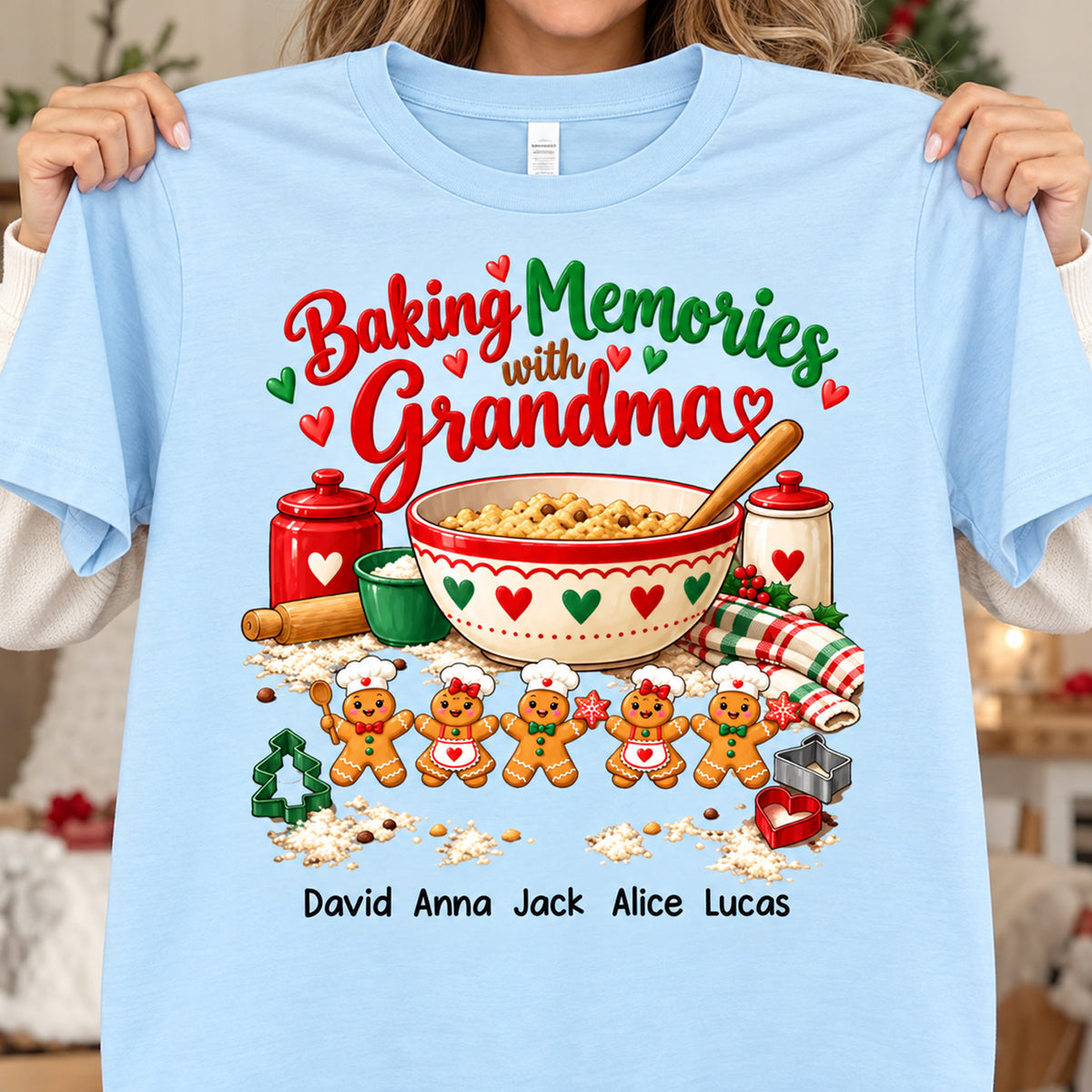 Custom Grandkids Names Gingerbread Christmas Crewneck, Personalized Baking Memories with Grandma Shirt