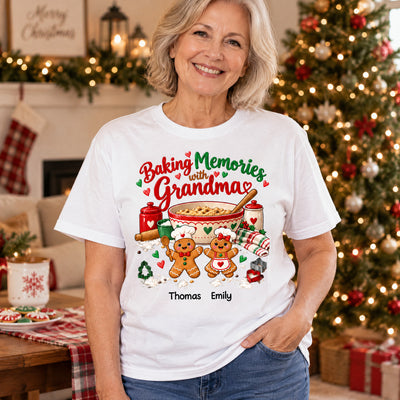 Custom Grandkids Names Gingerbread Christmas Crewneck, Personalized Baking Memories with Grandma Shirt