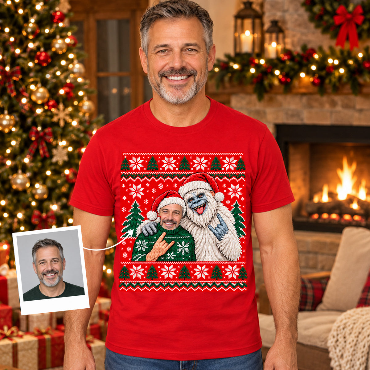 Custom Photo Ugly Christmas Sweater Shirt, Personalized Face Yeti Bigfoot Christmas T-Shirt, Funny Matching Holiday Tee, Christmas Gift for Him