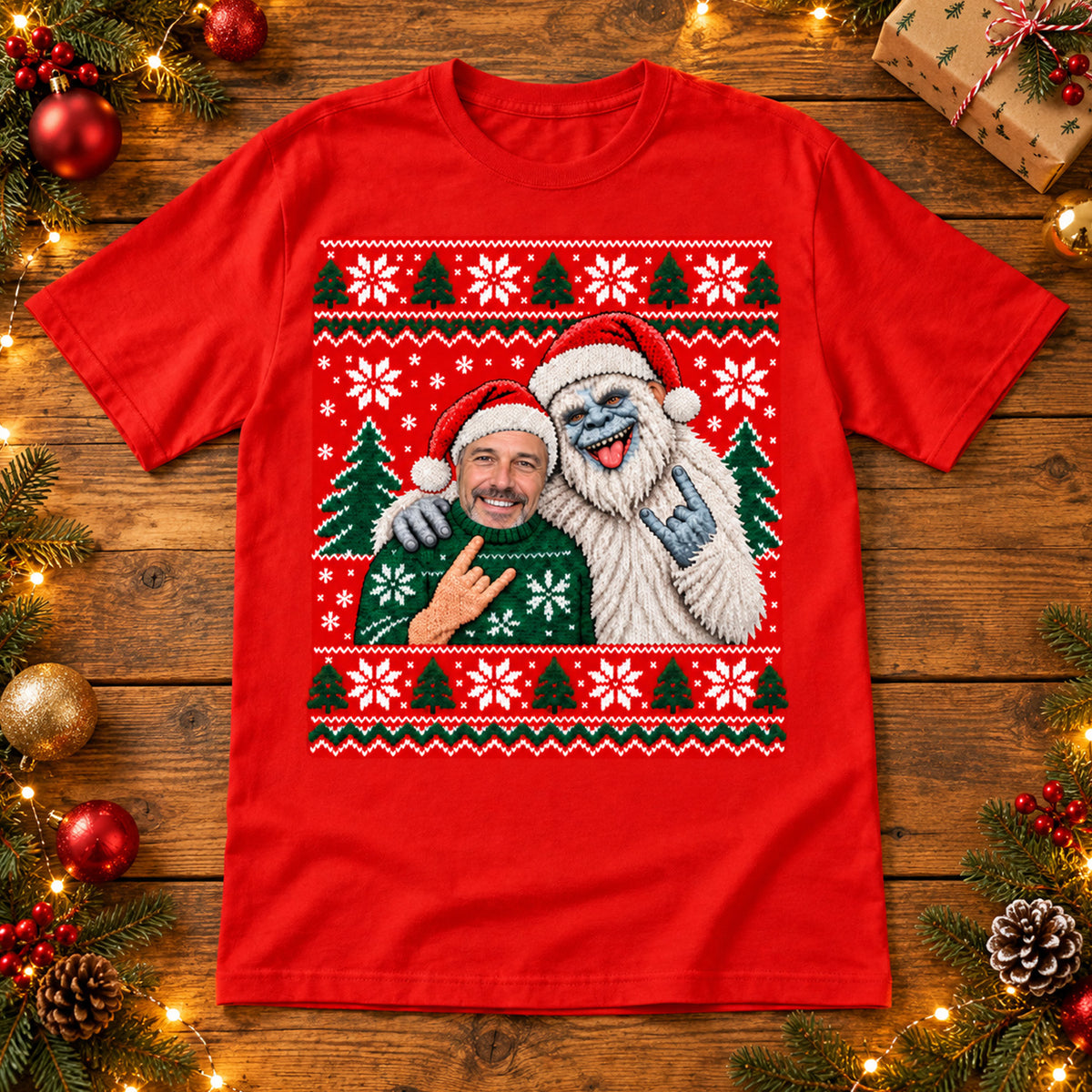 Custom Photo Ugly Christmas Sweater Shirt, Personalized Face Yeti Bigfoot Christmas T-Shirt, Funny Matching Holiday Tee, Christmas Gift for Him