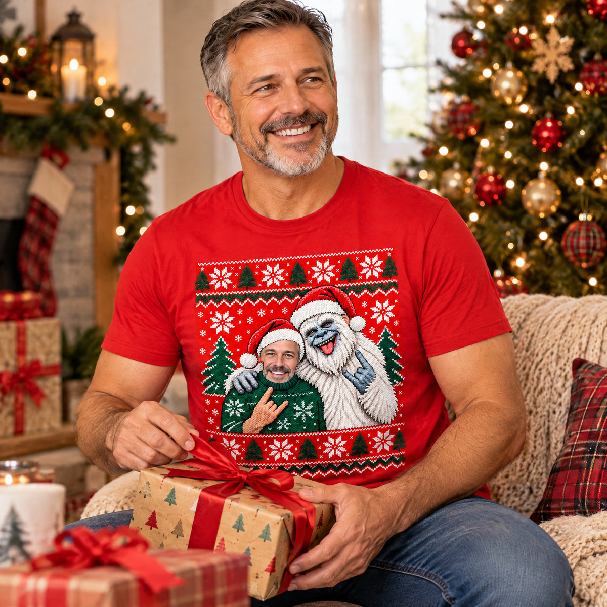 Custom Photo Ugly Christmas Sweater Shirt, Personalized Face Yeti Bigfoot Christmas T-Shirt, Funny Matching Holiday Tee, Christmas Gift for Him