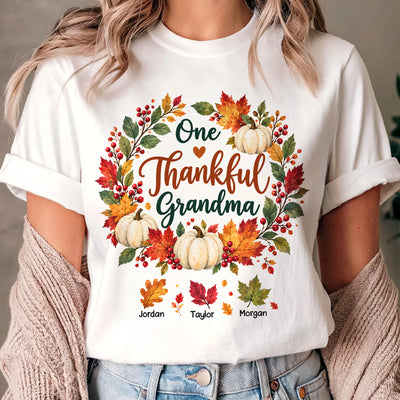 Elegant Watercolor Autumn Leaves Personalized Thanksgiving Shirt for Grandma