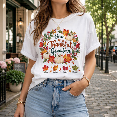 Elegant Watercolor Autumn Leaves Personalized Thanksgiving Shirt for Grandma