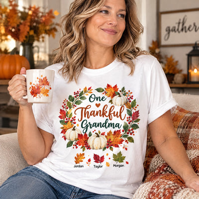 Elegant Watercolor Autumn Leaves Personalized Thanksgiving Shirt for Grandma