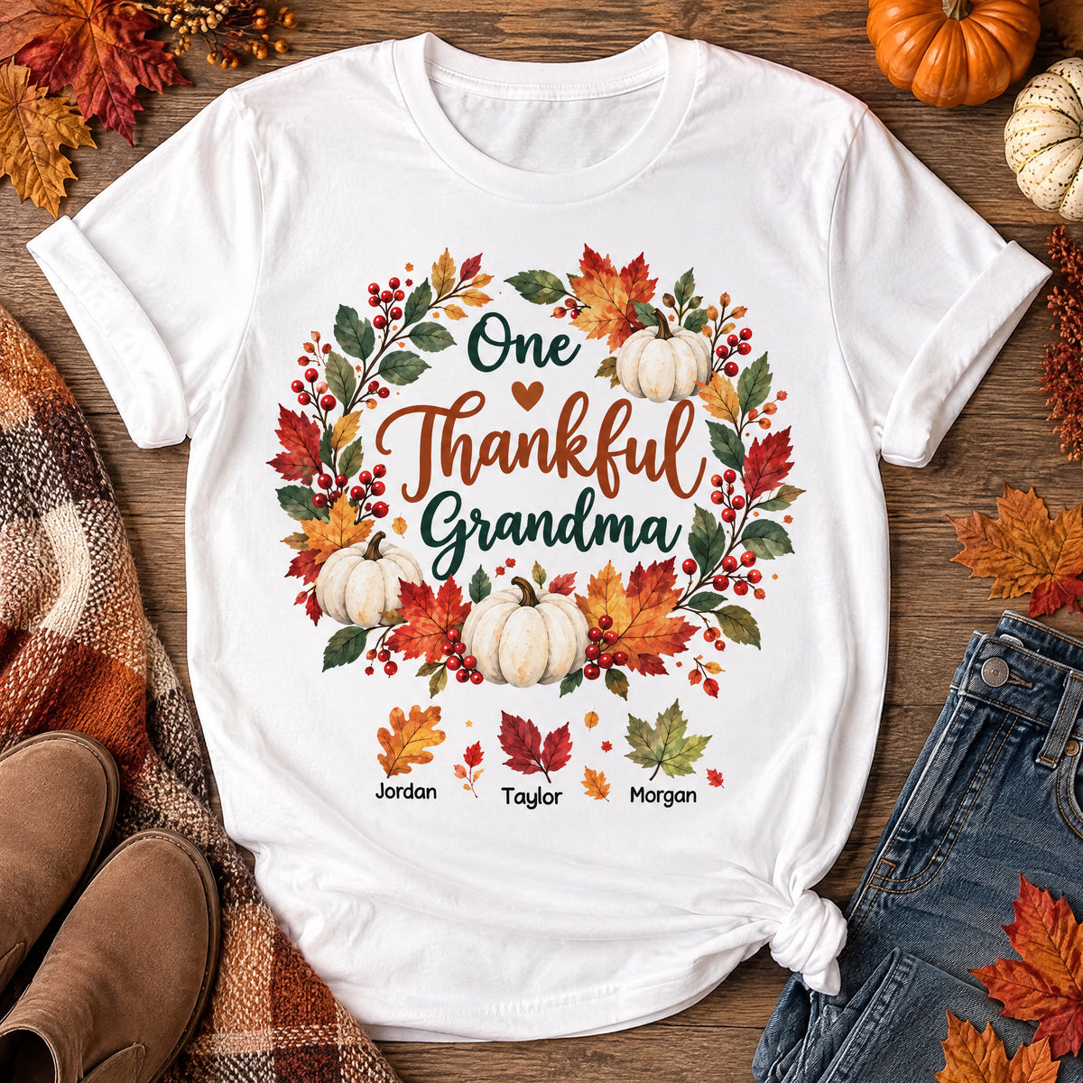 Elegant Watercolor Autumn Leaves Personalized Thanksgiving Shirt for Grandma