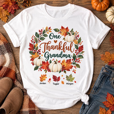 Elegant Watercolor Autumn Leaves Personalized Thanksgiving Shirt for Grandma