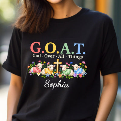 Personalized G.O.A.T. God Over All Things Shirt worn close up, black tee with lambs, cross and name Sophia