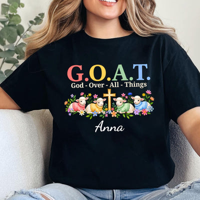 Personalized G.O.A.T. God Over All Things Shirt worn close up, black tee with lambs, cross and name Sophia