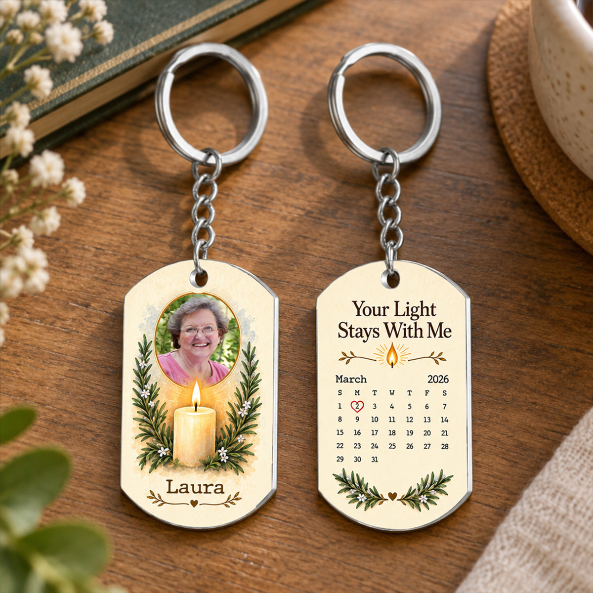 Personalized stainless steel memorial keychain front and back on a wooden table with white flowers and a book