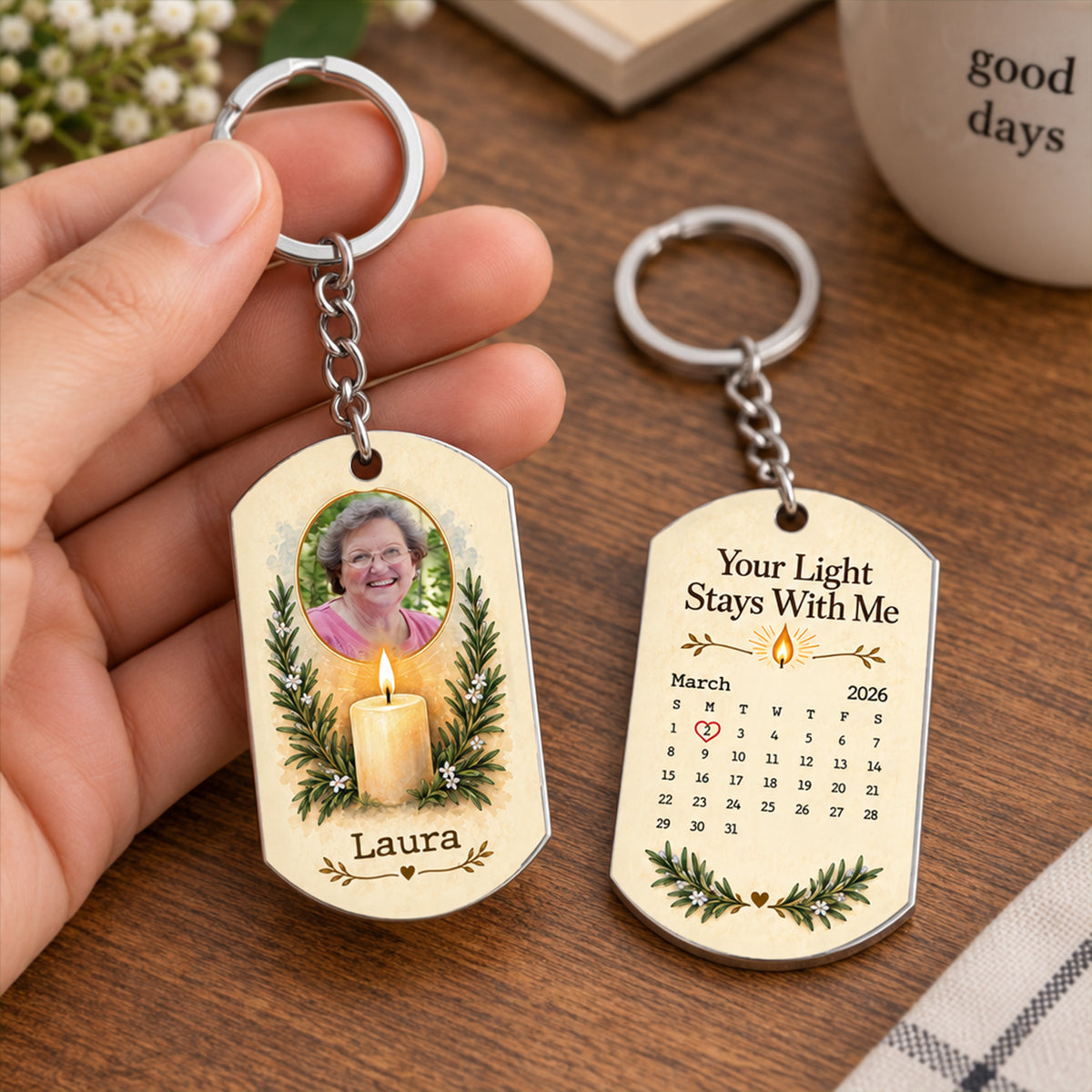 Personalized stainless steel memorial keychain held in a hand beside a mug, showing photo, candle and March calendar