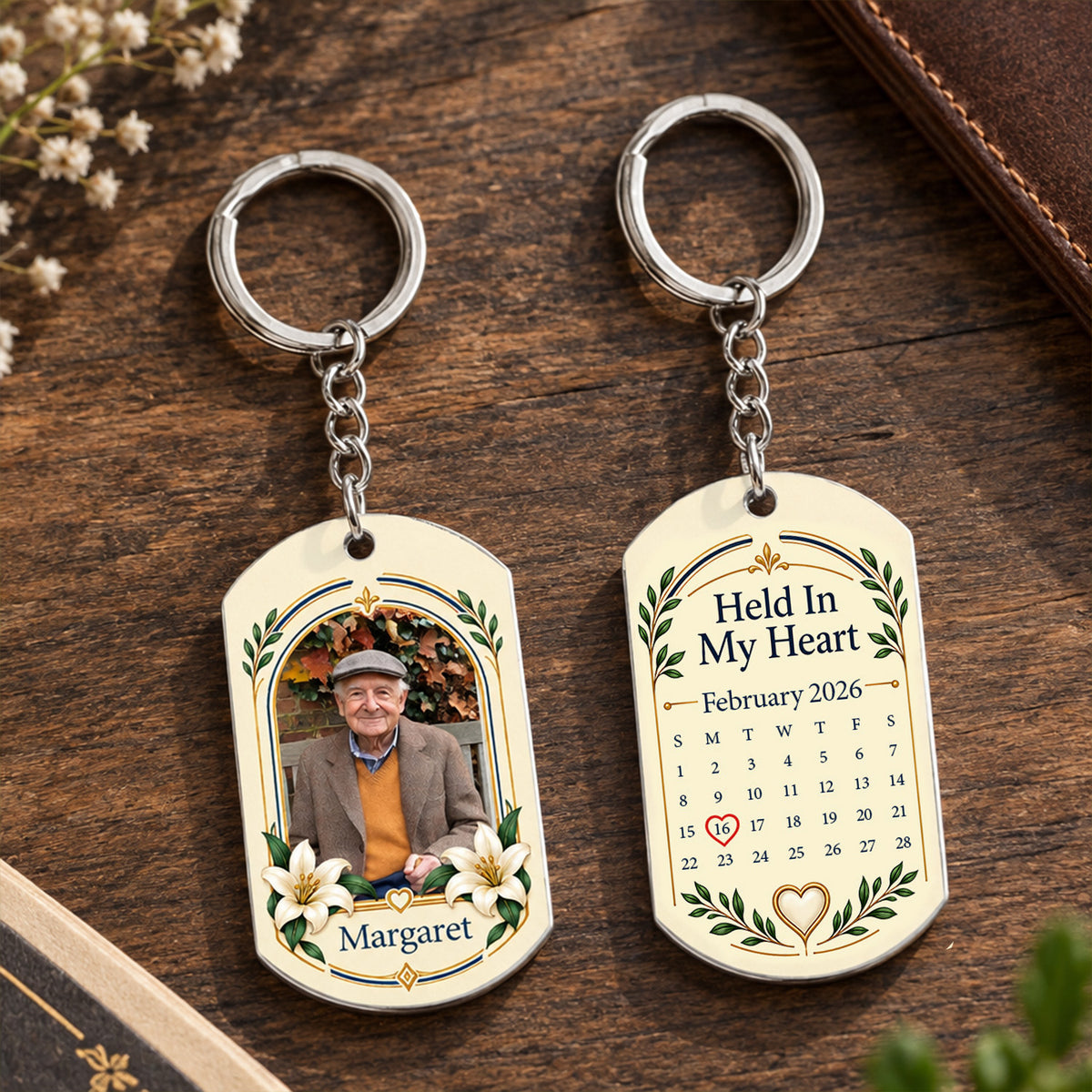 Personalized Stainless Steel Keychain front and back, showing a photo side and a February 2026 calendar side