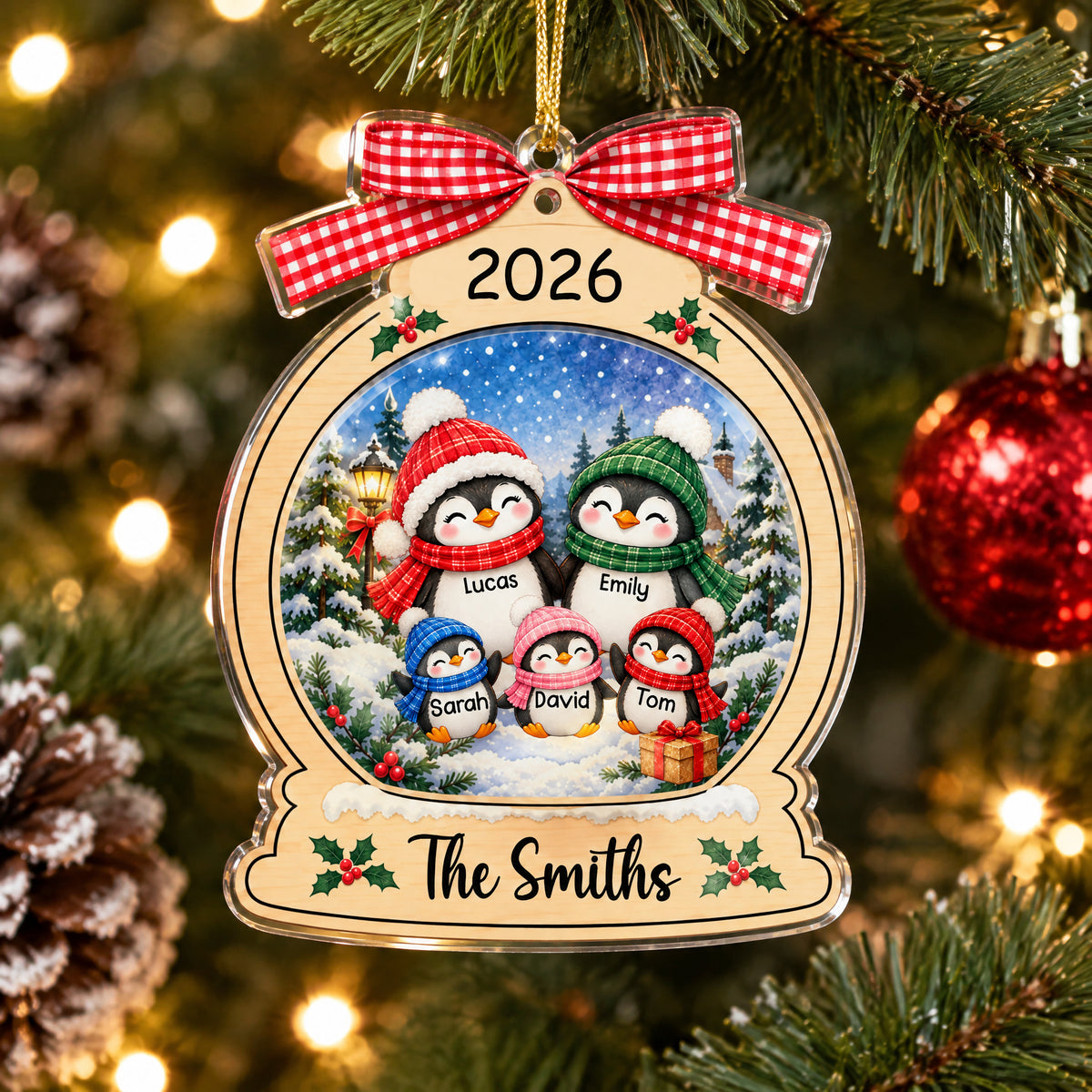 Penguin Family Christmas - Personalized Acrylic Ornament, Penguin Christmas Home Decor