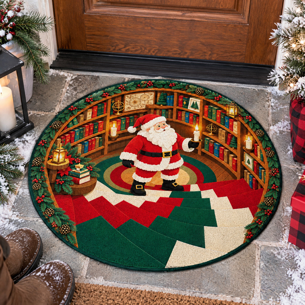 Santa’s Paper Collage Library Door Mat, Christmas Gift for Family