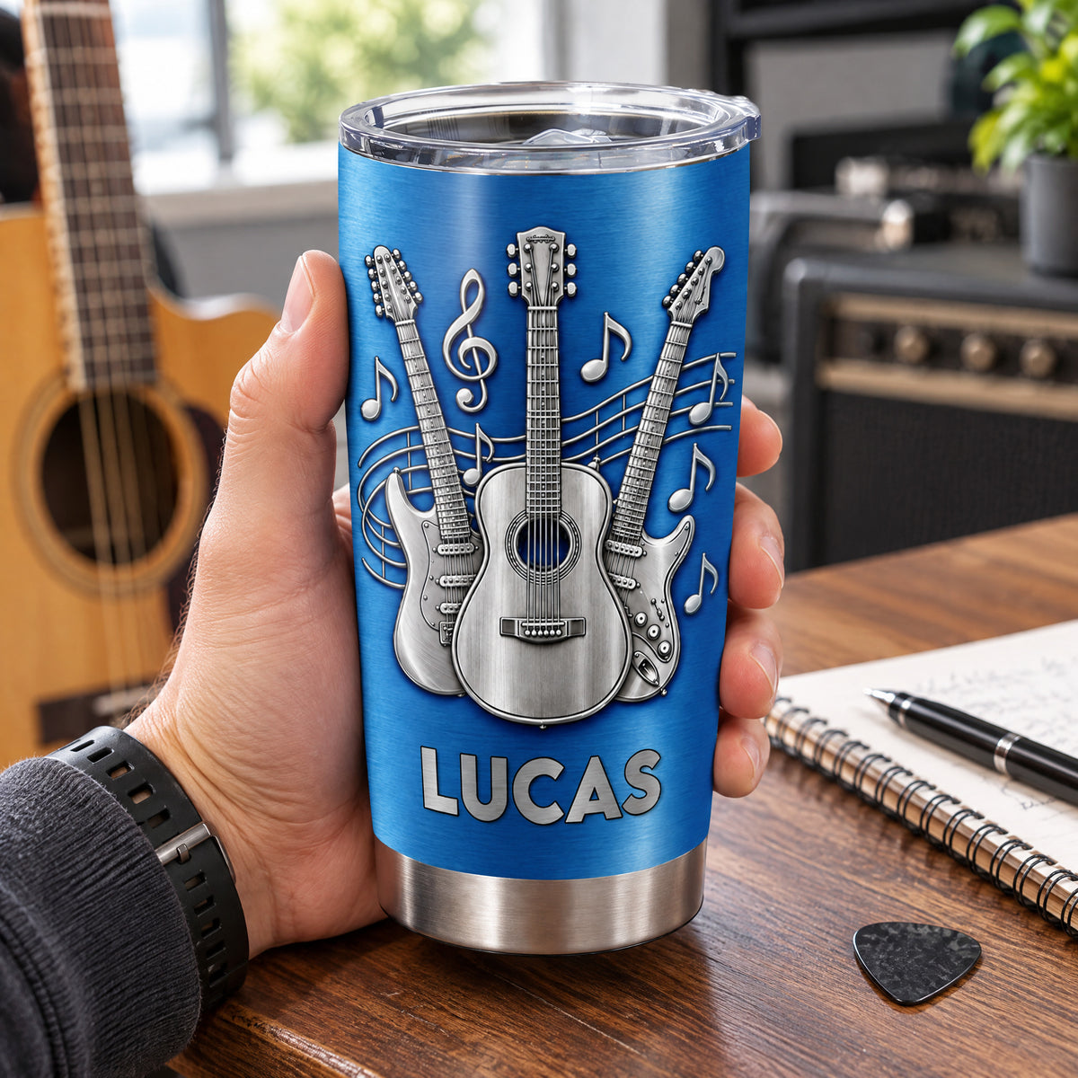 A Gift For The One Who Lets Every Chord Tell Their Story - Personalized Tumbler, Gift For Guitar Lovers, 3D Metallic Brushed Tumbler