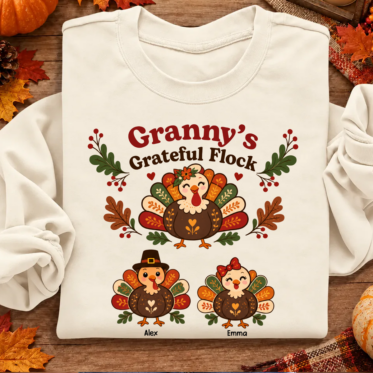 Grandma's Grateful Flock Personalized Sweatshirt in cream laid flat with two turkeys named Alex and Emma
