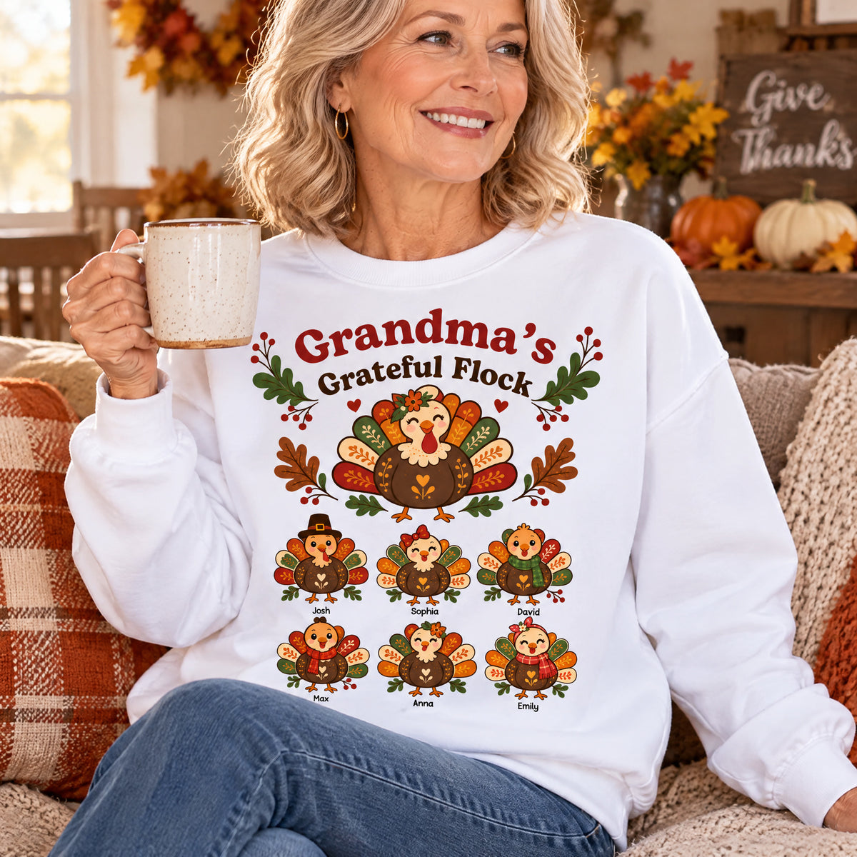 Grandma's Grateful Flock Personalized Sweatshirt on a woman holding a speckled mug on a cozy couch