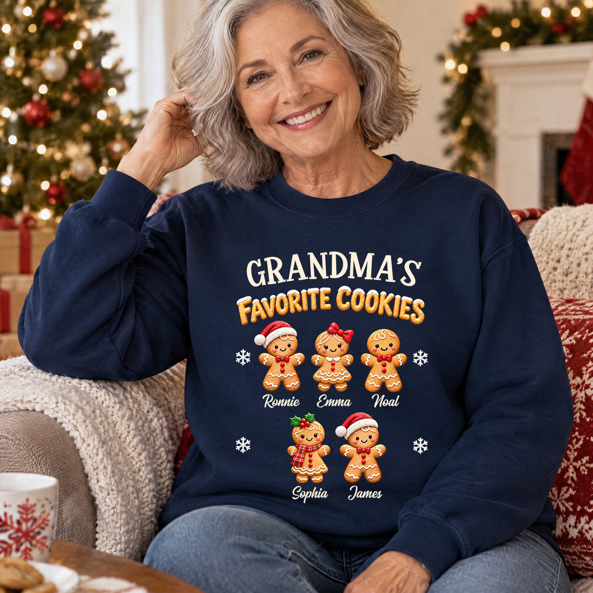 Personalized Crewneck Sweatshirt Gingerbread with five cookie characters and names, woman seated on a couch