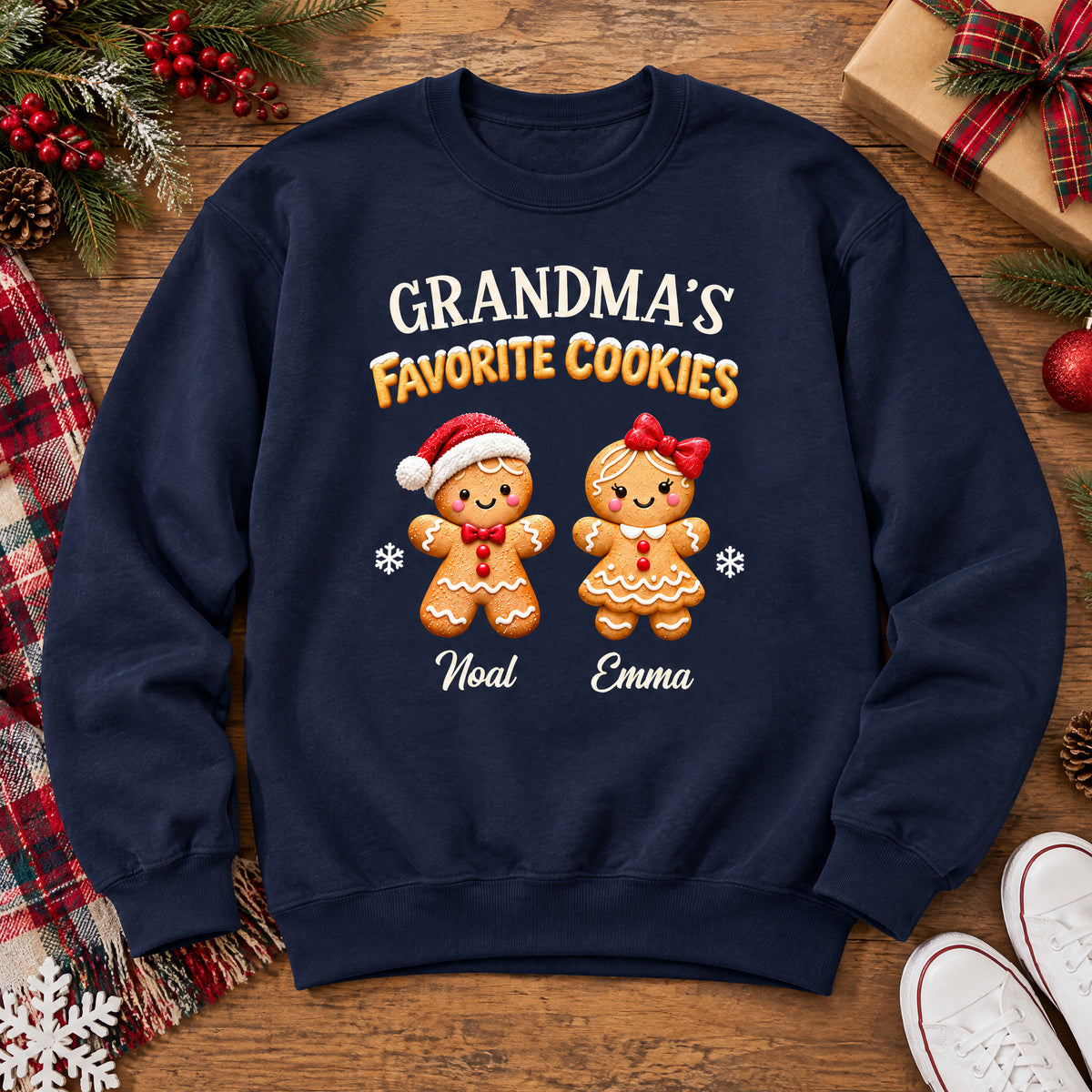 Personalized Crewneck Sweatshirt Gingerbread laid flat on wood with plaid scarf, pinecones and white sneakers
