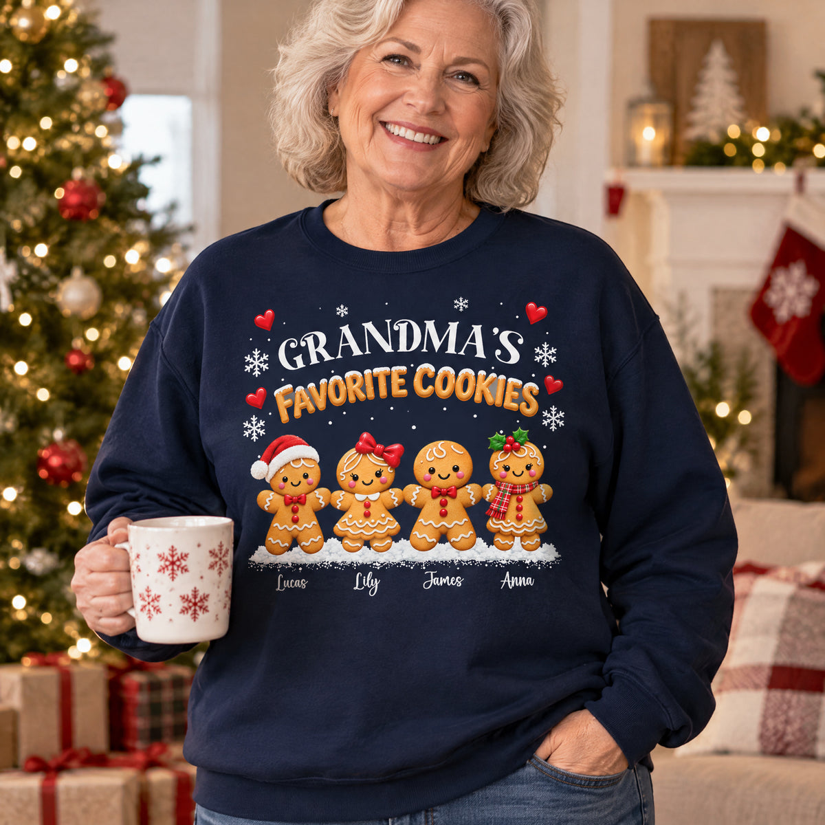 Personalized Grandma's Favorite Cookies Sweatshirt on a woman holding a snowflake mug near wrapped gifts