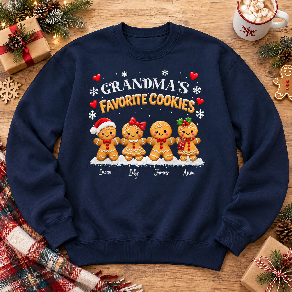 Personalized Grandma's Favorite Cookies Sweatshirt laid flat on a wood table with gifts, pinecones and a plaid scarf