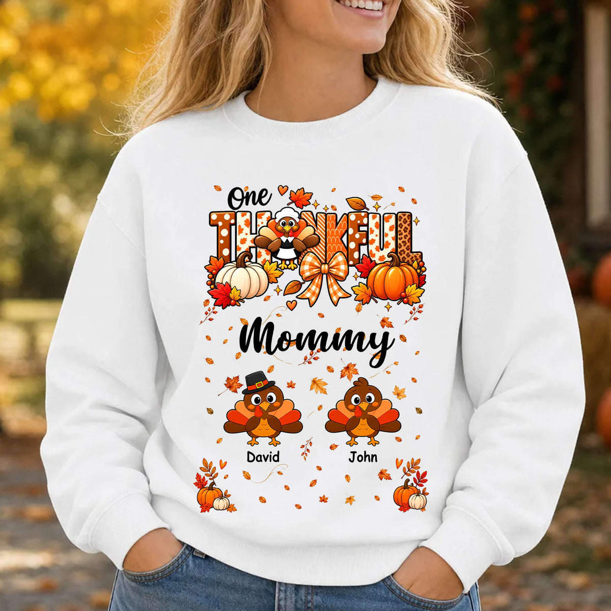 One Thankful Grandma - Personalized Sweatshirt, Custom Turkey Names Thanksgiving Sweatshirt