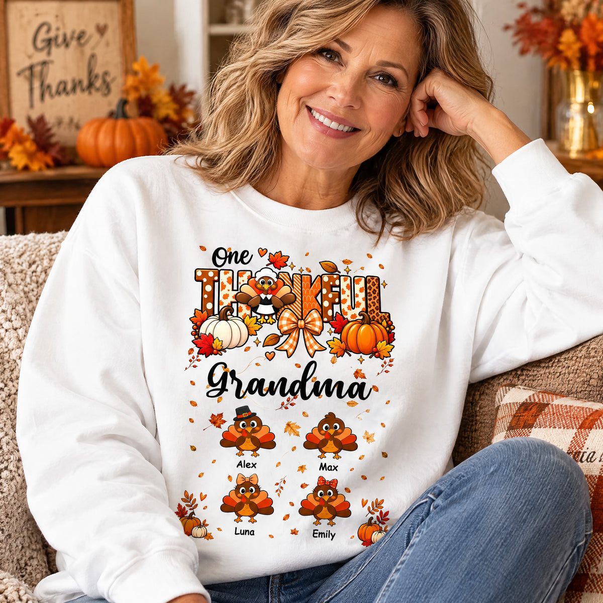 One Thankful Grandma - Personalized Sweatshirt, Custom Turkey Names Thanksgiving Sweatshirt