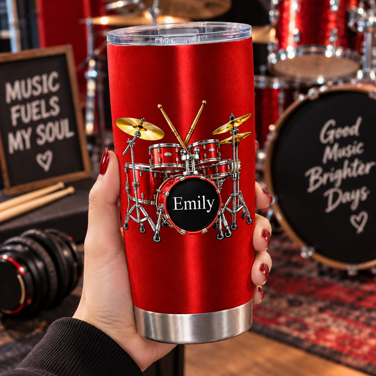 Drums Are My Happy Place - Personalized Tumbler, Gift For Drum Lovers, Custom Name Music Gift