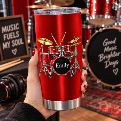 Drums Are My Happy Place - Personalized Tumbler, Gift For Drum Lovers, Custom Name Music Gift