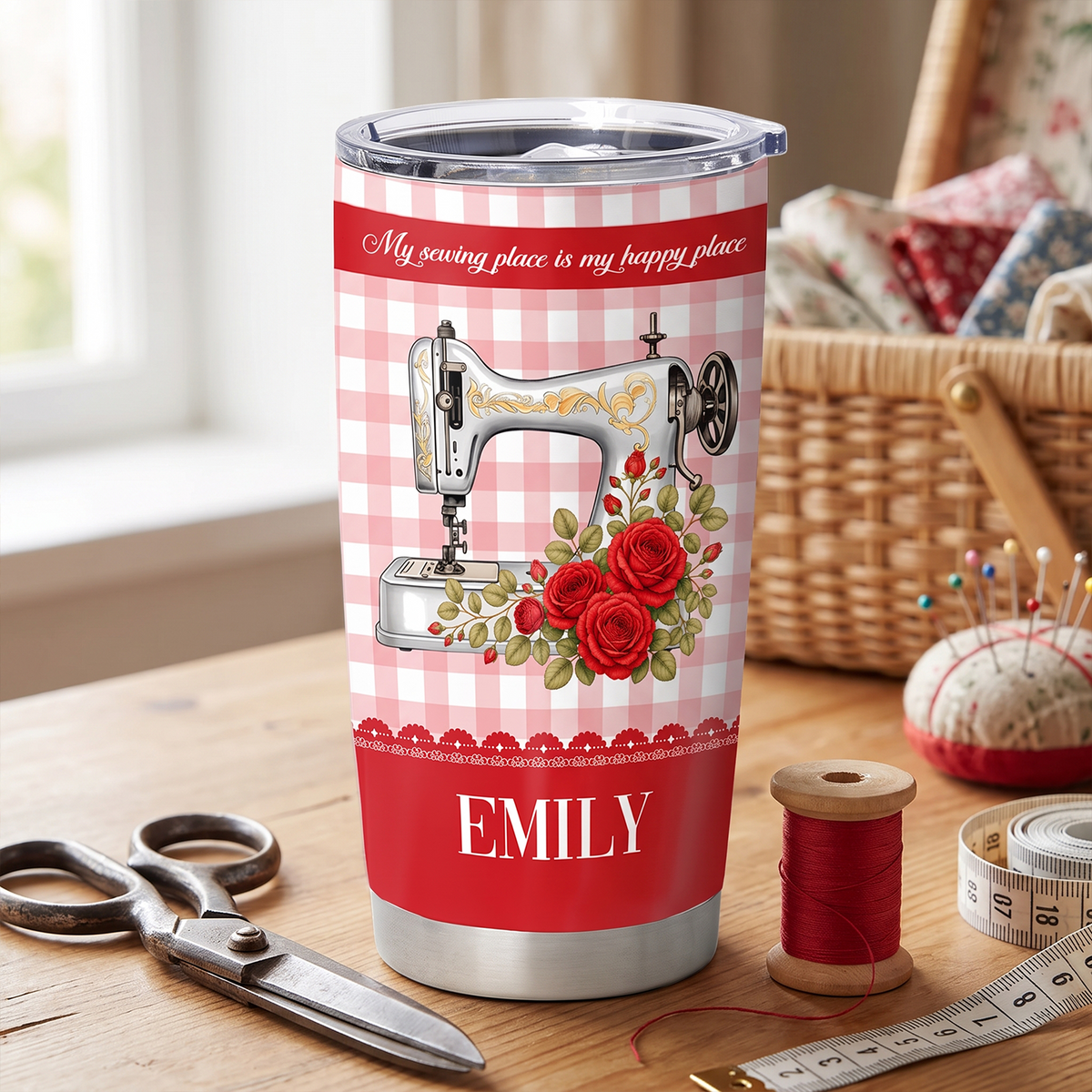 My Sewing Place Is My Happy Place- Personalized Tumbler,  Gift For Sewing Lovers, Tailor