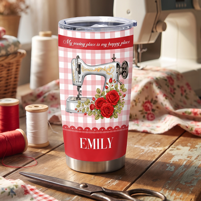 My Sewing Place Is My Happy Place- Personalized Tumbler,  Gift For Sewing Lovers, Tailor