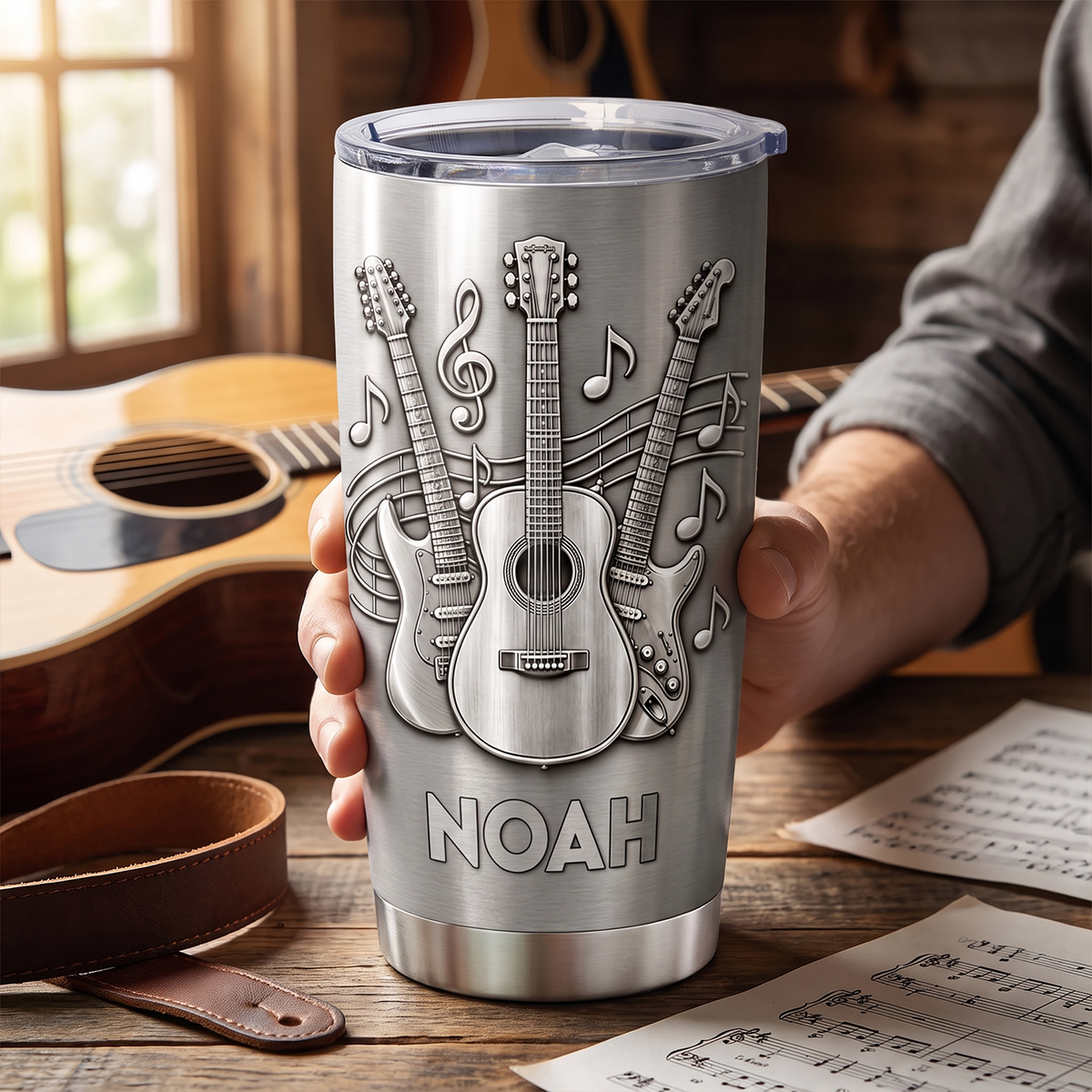 A Gift For The One Who Lets Every Chord Tell Their Story - Personalized Tumbler, Gift For Guitar Lovers, 3D Metallic Brushed Tumbler
