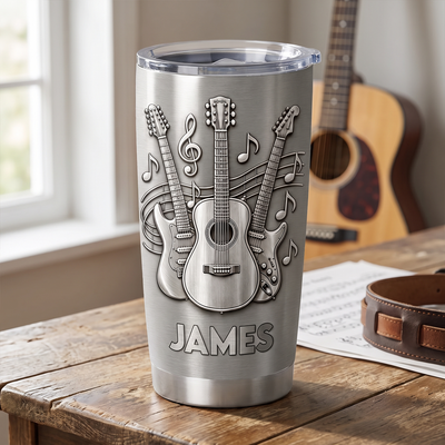 A Gift For The One Who Lets Every Chord Tell Their Story - Personalized Tumbler, Gift For Guitar Lovers, 3D Metallic Brushed Tumbler