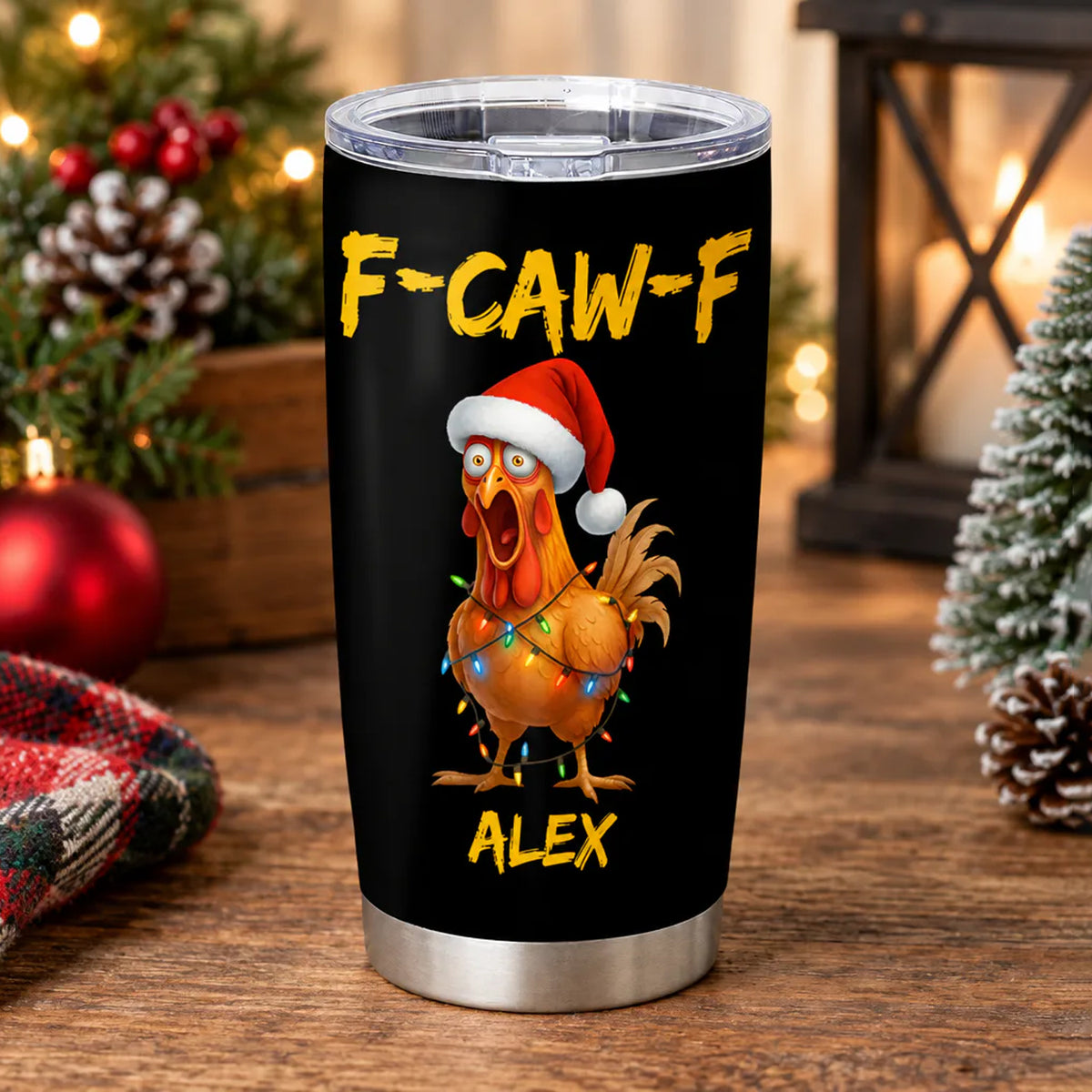 Personalized tumbler custom name rooster design with Santa hat rooster and lights on a table by Christmas decor